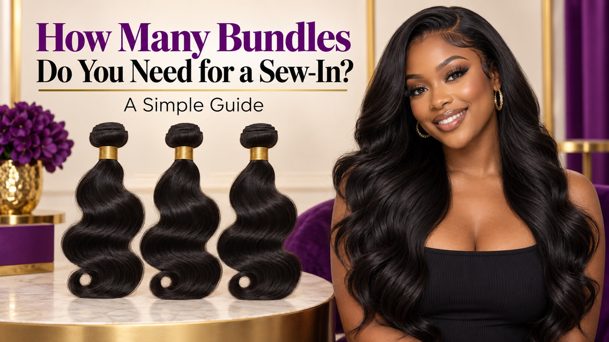 Three natural-black body-wave hair bundles beside a model wearing a long body-wave sew-in.