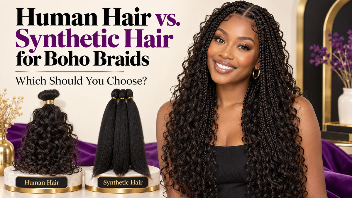 Woman wearing long boho braids beside curly human bulk hair and straight synthetic braiding hair on a purple, gold and cream background.
