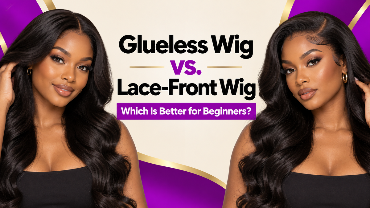 Two women comparing natural-black glueless and lace-front wigs on a purple, gold, black and cream background.