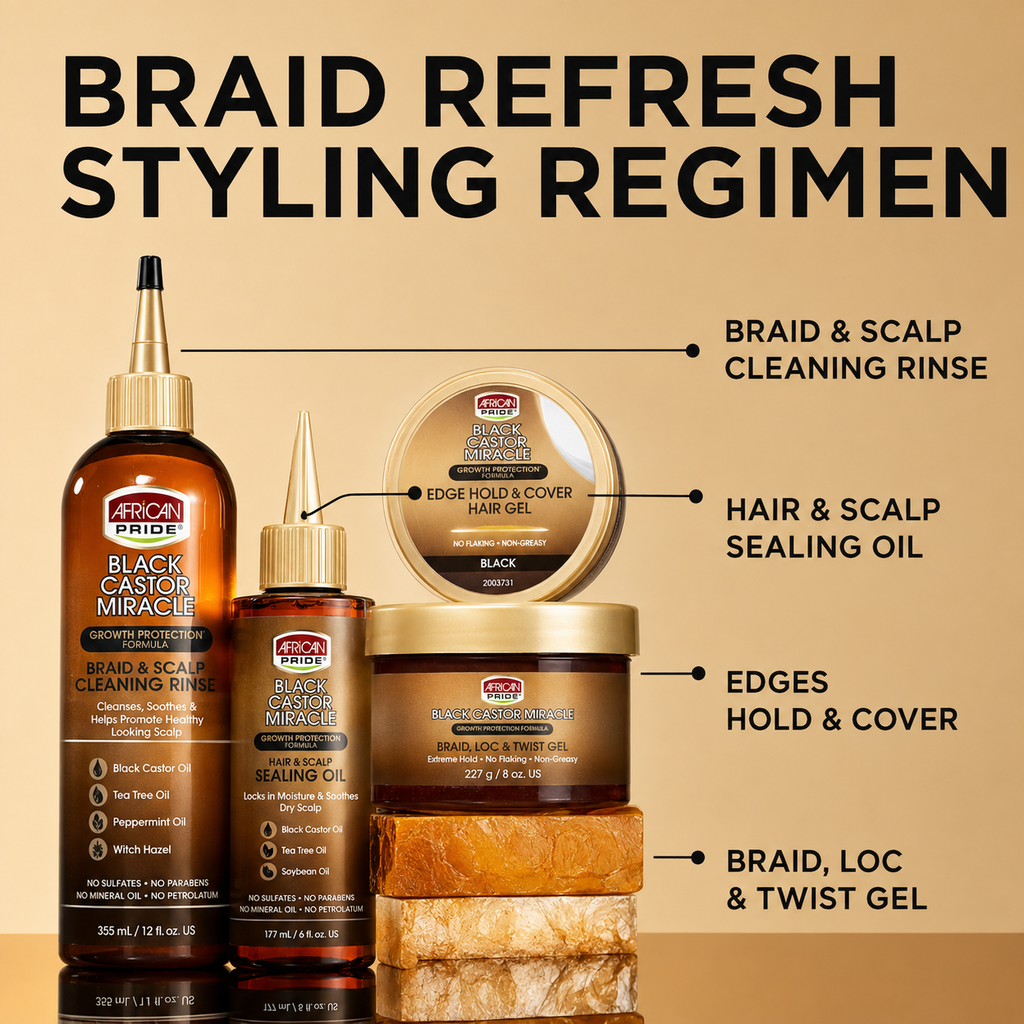 African Pride Black Castor Miracle braid refresh styling regimen graphic with braid and scalp cleaning rinse, sealing oil, edge hold and braid gel