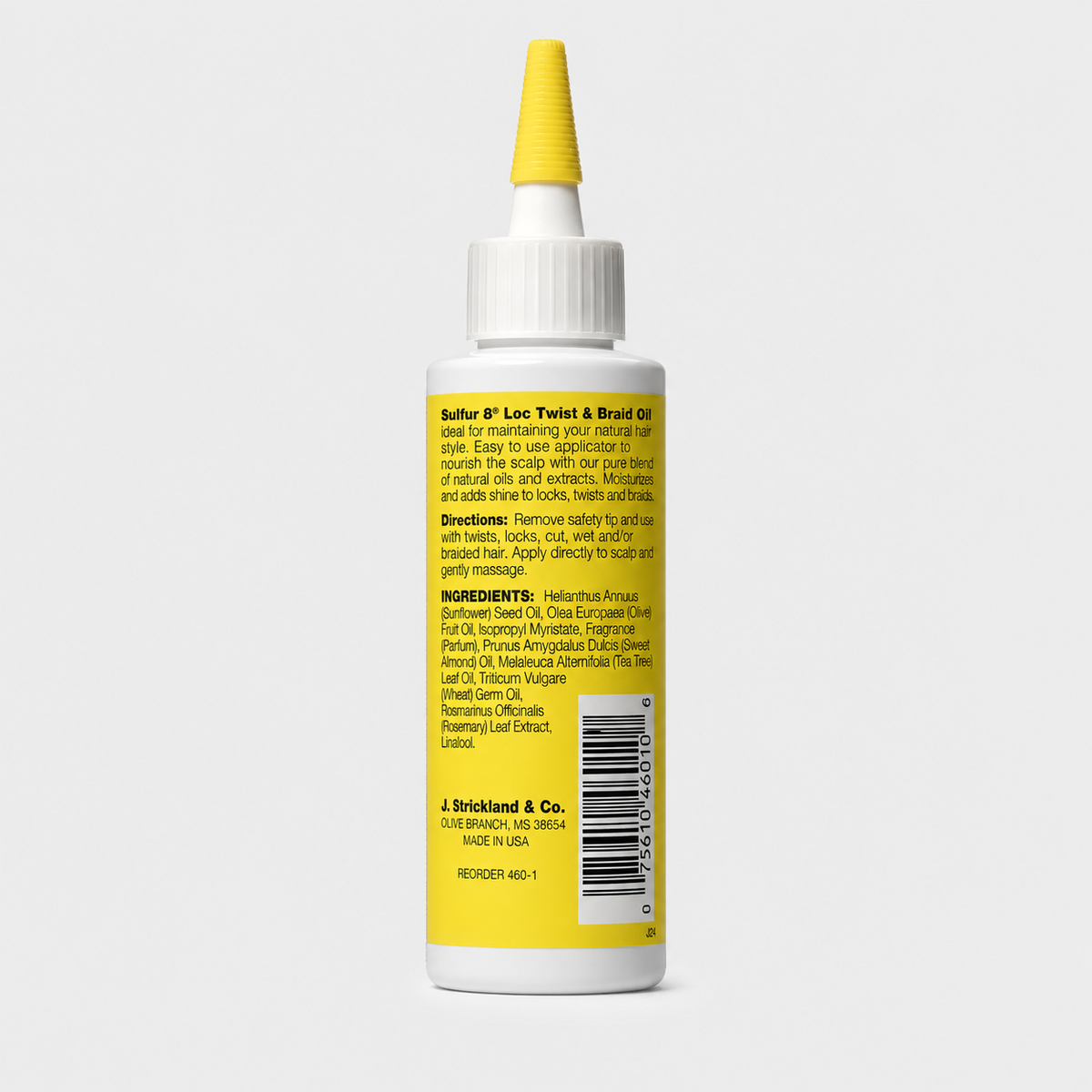 Sulfur8 Loc Twist & Braid Oil 4 oz back label with directions, ingredients and barcode for natural hair care