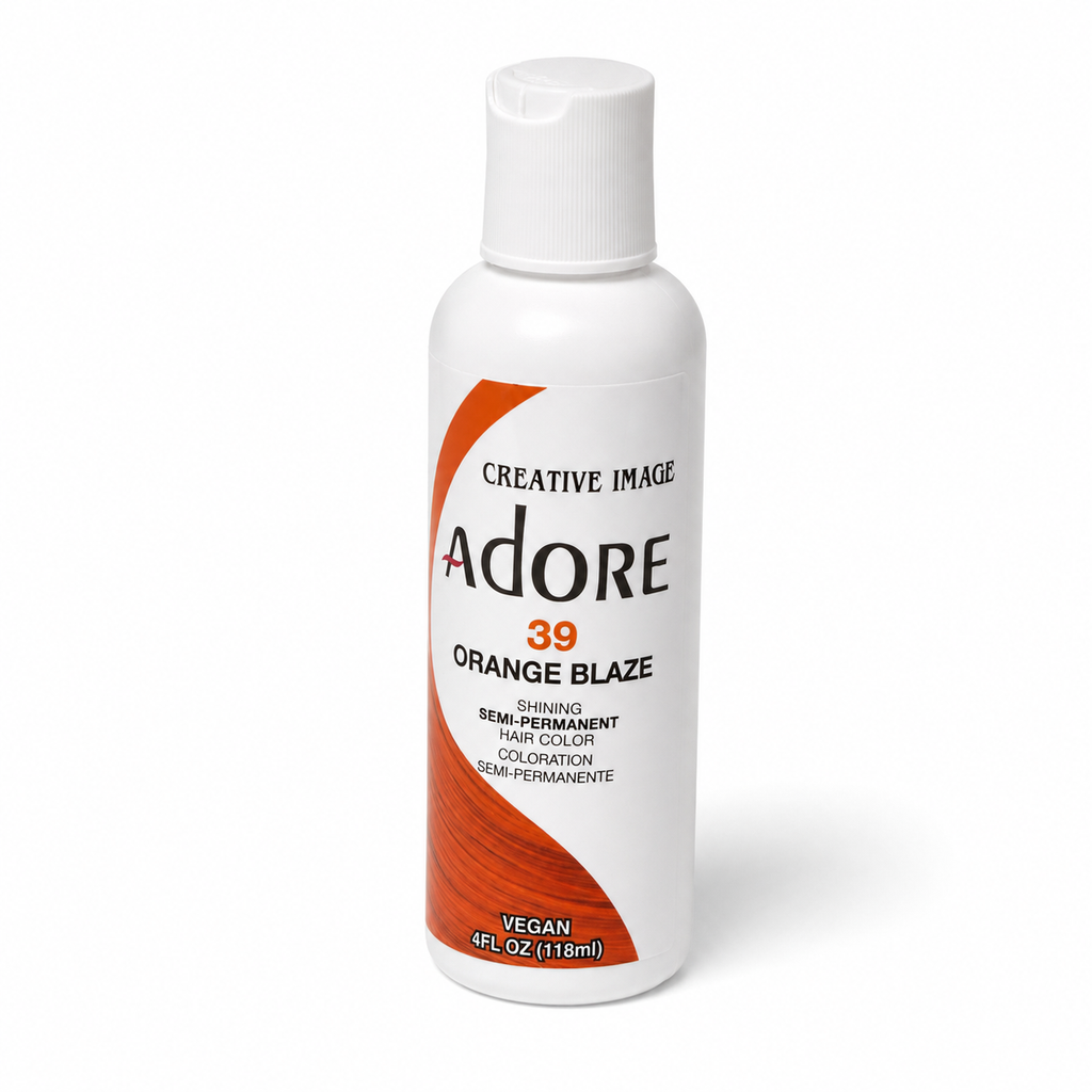 Adore 39 Orange Blaze vegan hair dye 4 oz bottle with white flip-top cap and front label