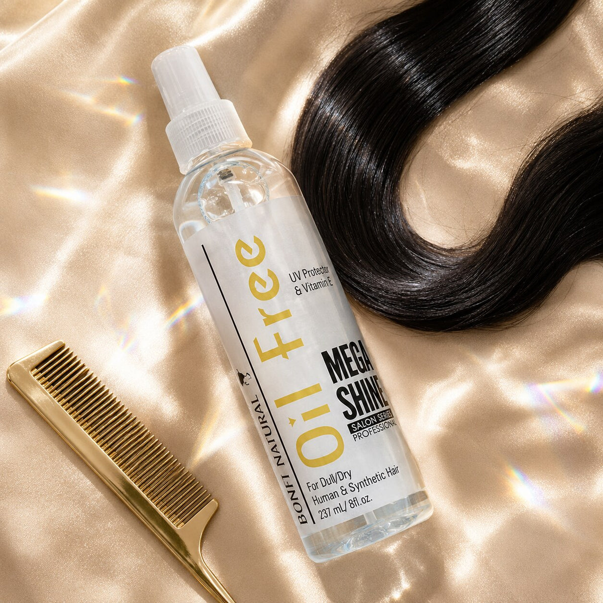 Bonfi Natural Oil Free Mega Shine Salon Series 8oz luxury hair shine flat lay