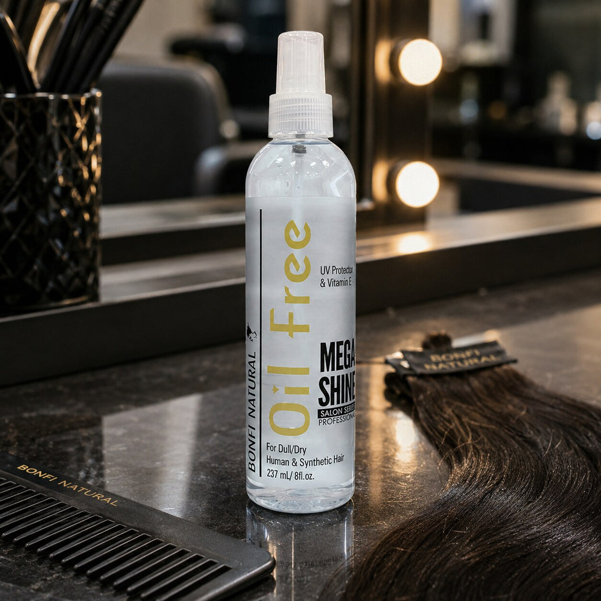 Bonfi Natural Oil Free Mega Shine Salon Series 8oz on a professional salon styling counter