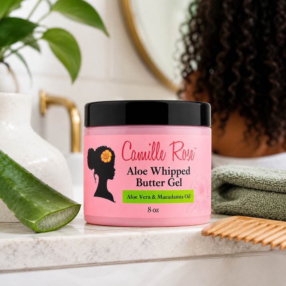 Camille Rose Aloe Whipped Butter Gel 8oz natural hair care lifestyle scene
