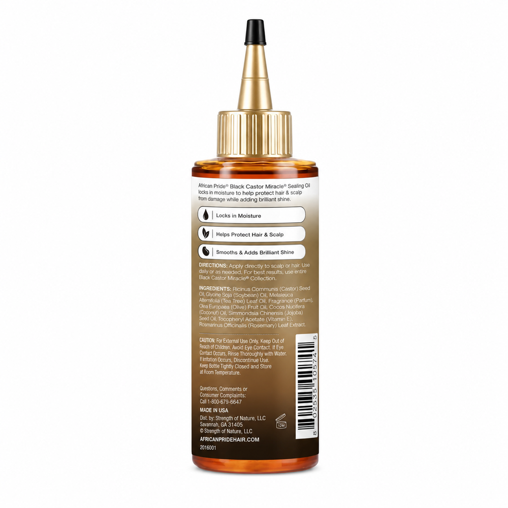 African Pride Black Castor Miracle Hair and Scalp Sealing Oil back label with directions, ingredients and product information