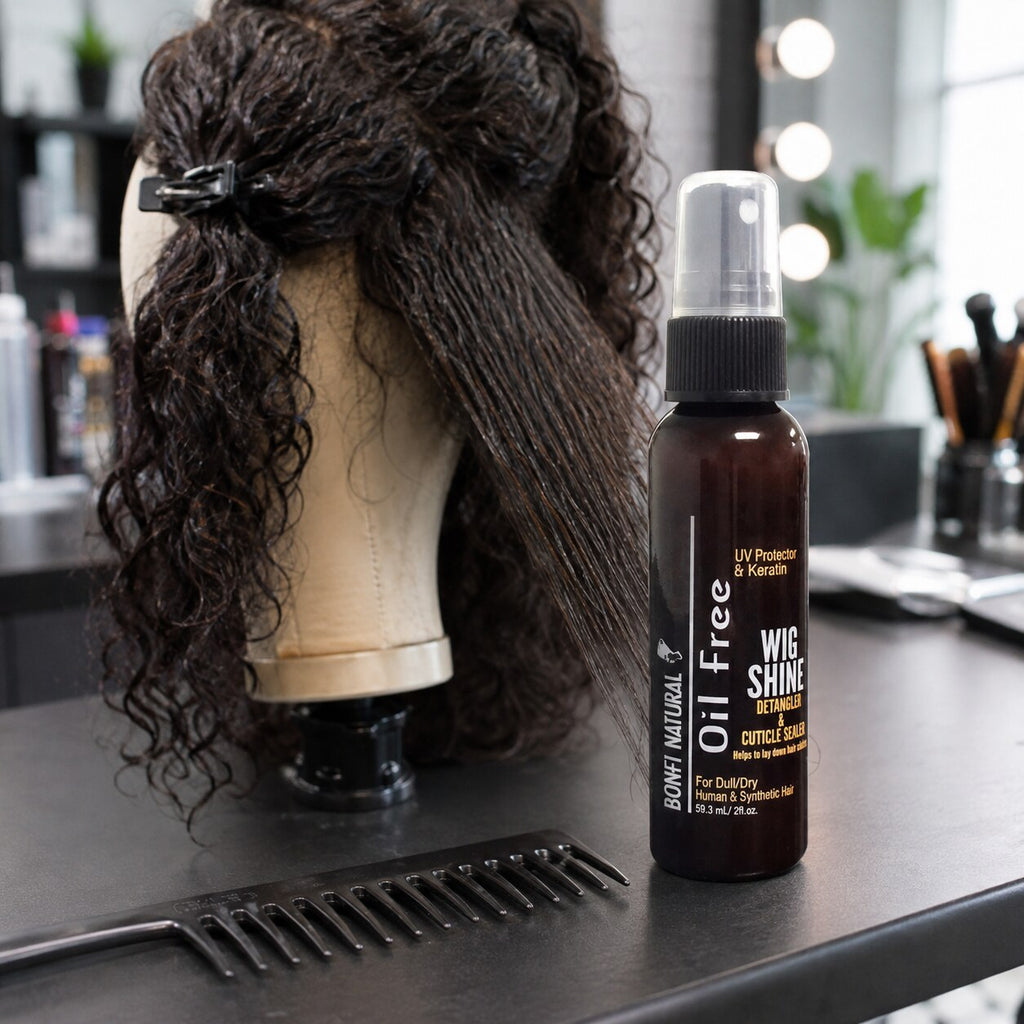 Bonfi Natural Oil Free Wig Shine Detangler and Cuticle Sealer 2oz at a wig styling station