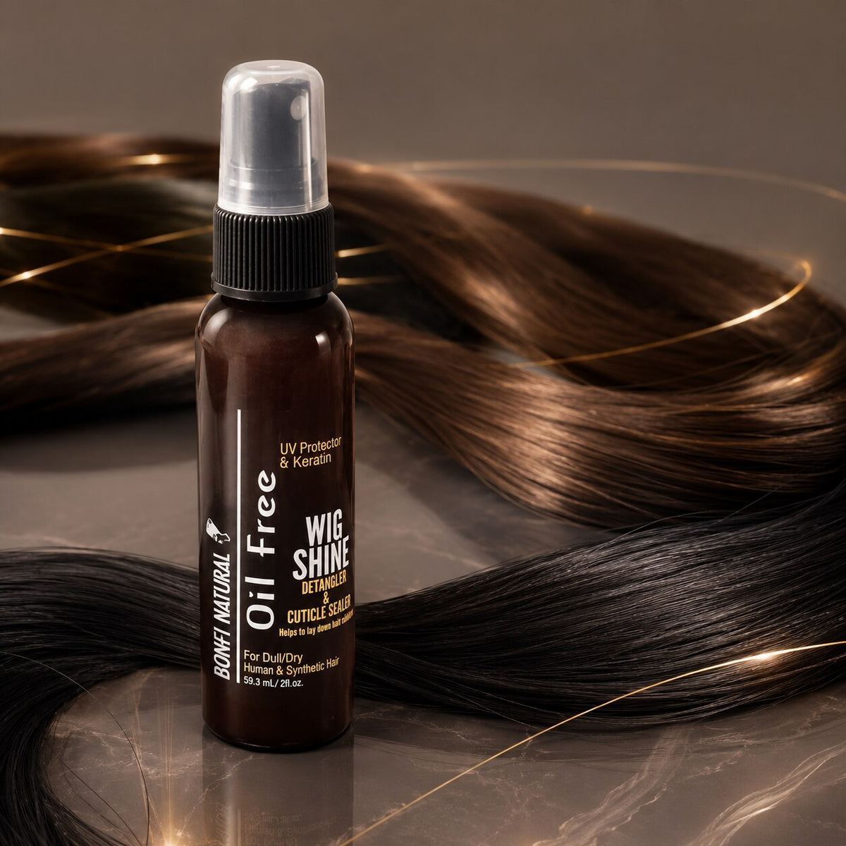 Bonfi Natural Oil Free Wig Shine Detangler and Cuticle Sealer 2oz smoothing hair still life