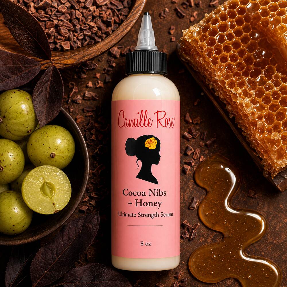Camille Rose Cocoa Nibs and Honey Ultimate Strength Serum 8oz with cocoa nibs honeycomb and amla