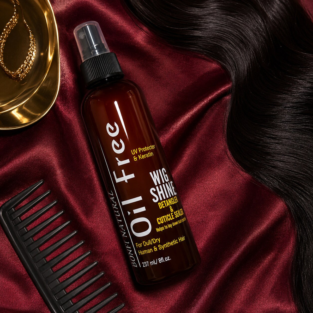 Bonfi Natural Oil Free Wig Shine Detangler and Cuticle Sealer 8oz luxury hair care flat lay