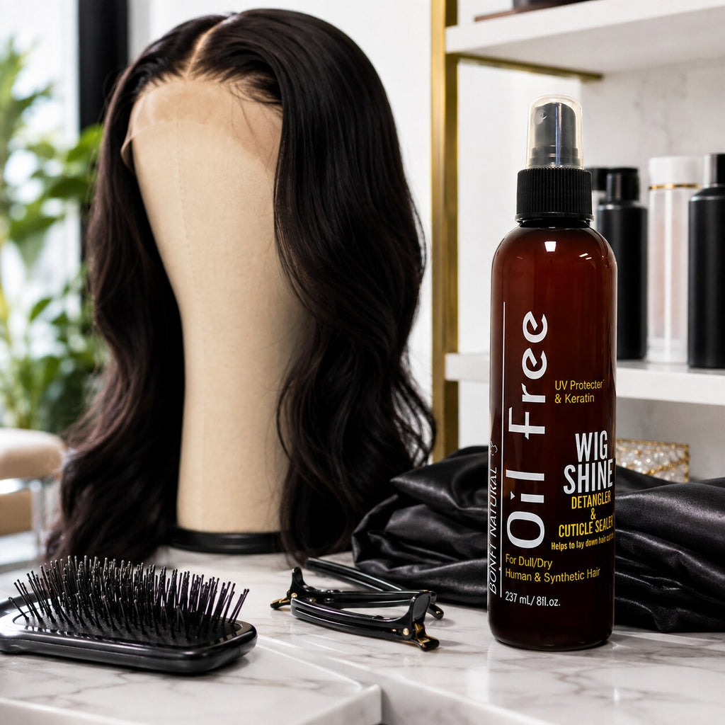 Bonfi Natural Oil Free Wig Shine Detangler and Cuticle Sealer 8oz salon wig care scene
