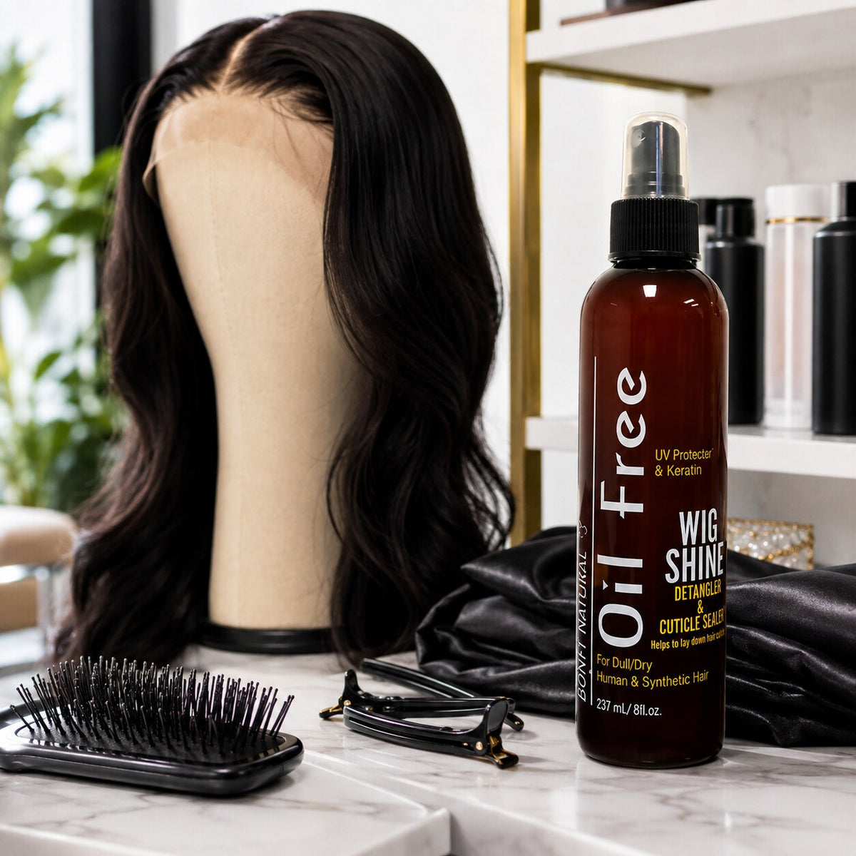 Bonfi Natural Oil Free Wig Shine Detangler and Cuticle Sealer 8oz salon wig care scene