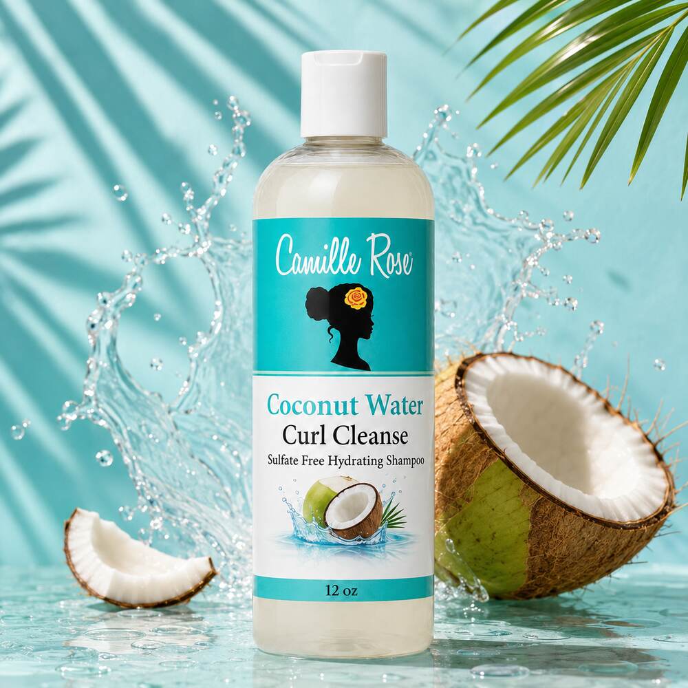 Camille Rose Coconut Water Curl Cleanse Shampoo 12oz with fresh coconut and water splash