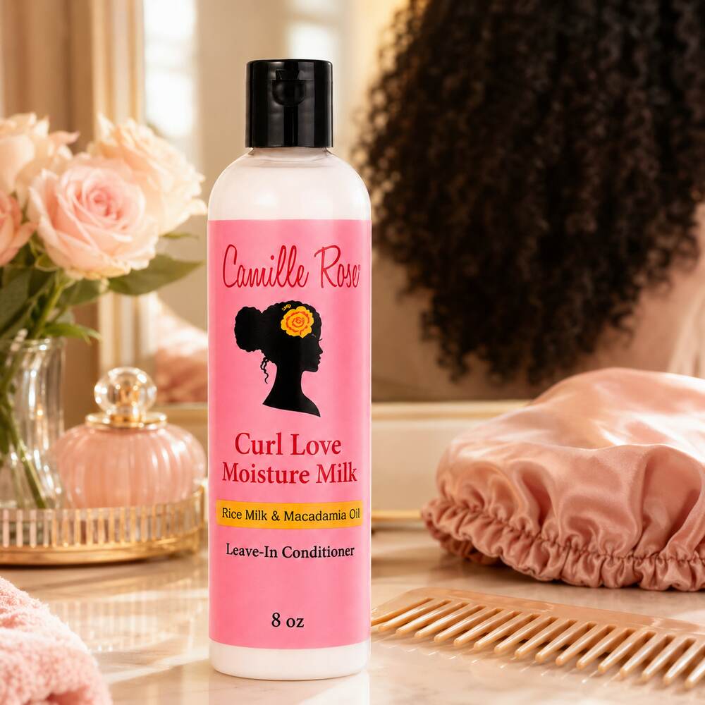 Camille Rose Curl Love Moisture Milk 8oz natural curl care vanity scene