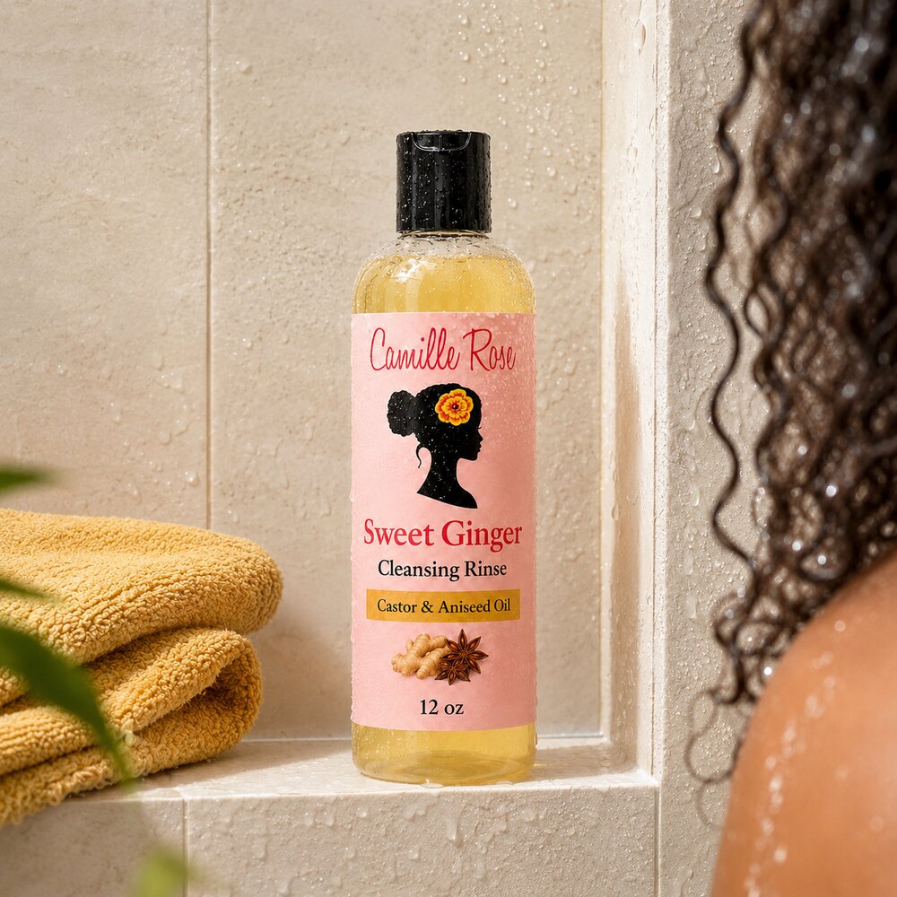 Camille Rose Sweet Ginger Cleansing Rinse 12oz natural hair wash day lifestyle scene