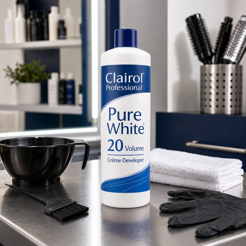Clairol Professional Pure White Cream Developer at a professional hair color station