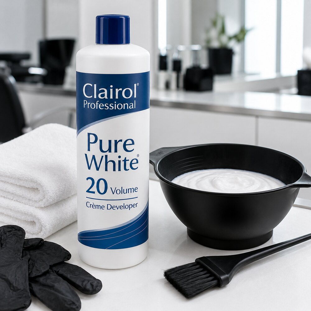 Clairol Professional Pure White Cream Developer with salon mixing bowl tint brush and gloves