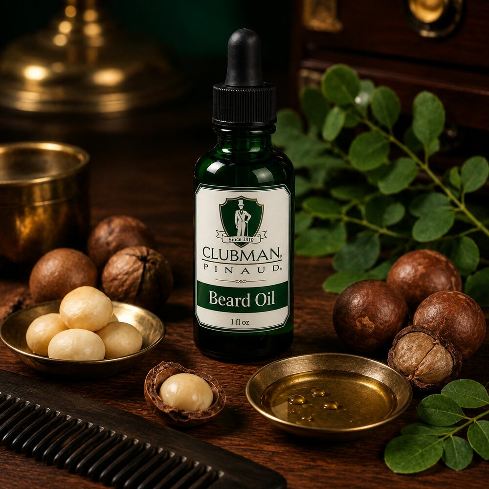 Clubman Pinaud Beard Oil 1oz with grooming oils nuts moringa leaves and beard comb