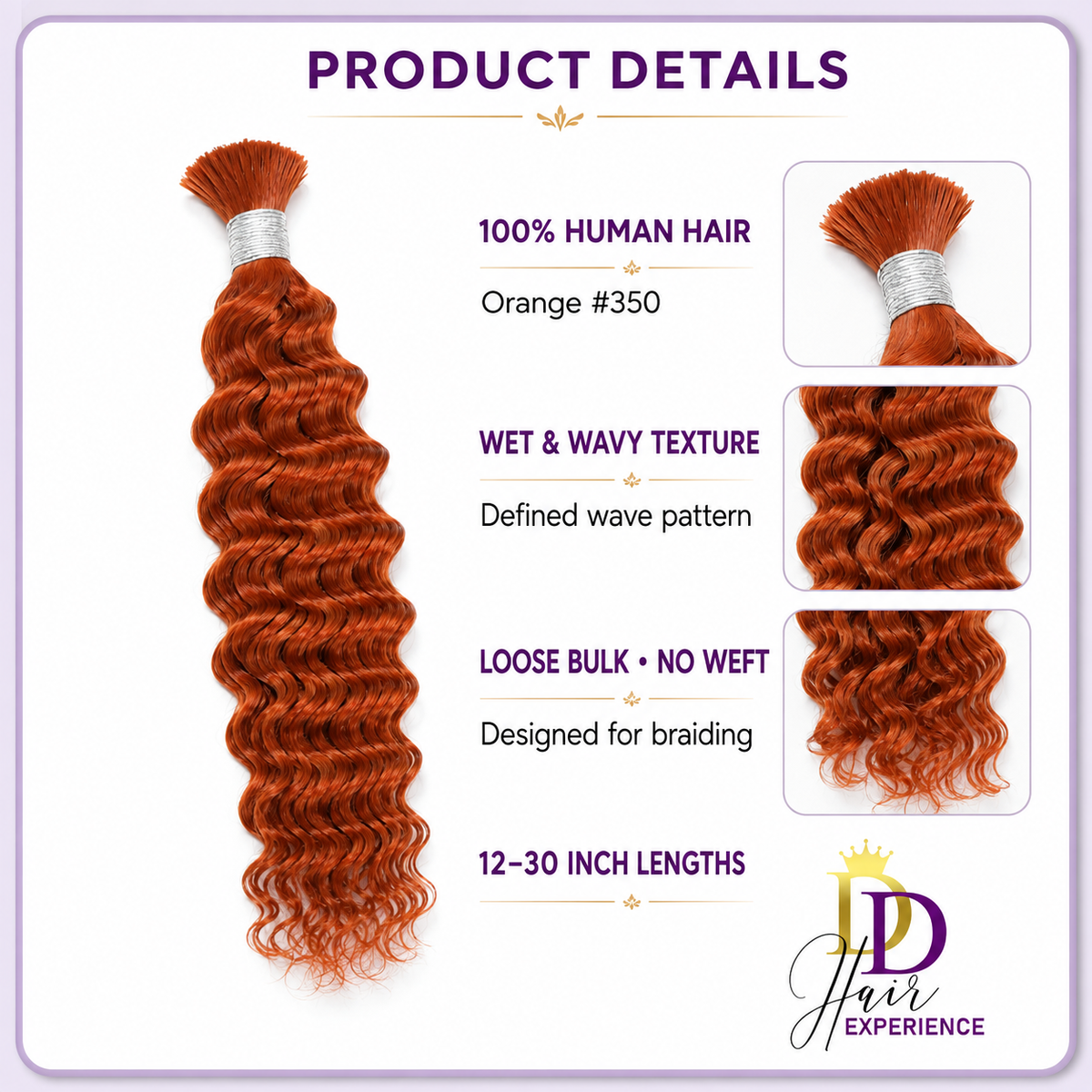 Orange #350 Wet & Wavy bulk human hair showing the texture, loose-bulk top and natural ends