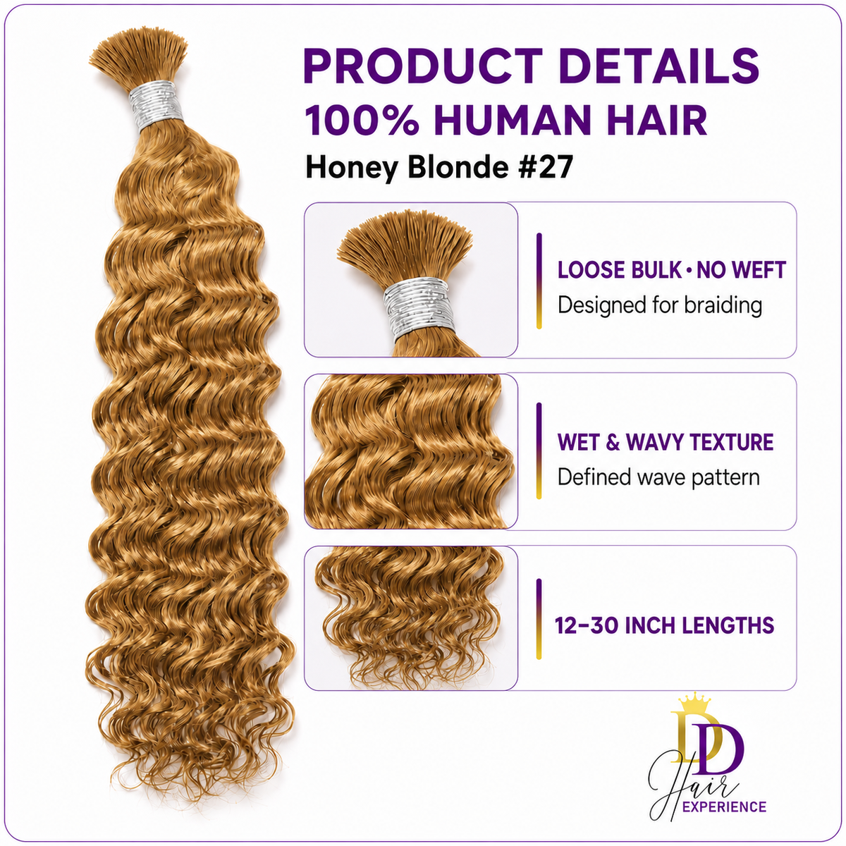 Honey Blonde #27 Wet & Wavy bulk human hair showing texture, loose-bulk top and ends