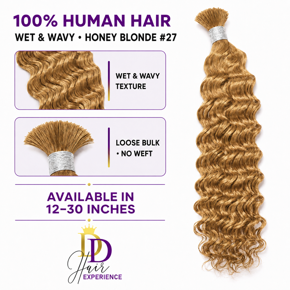 DD Hair Experience Honey Blonde #27 Wet & Wavy human hair available in 12 to 30 inches