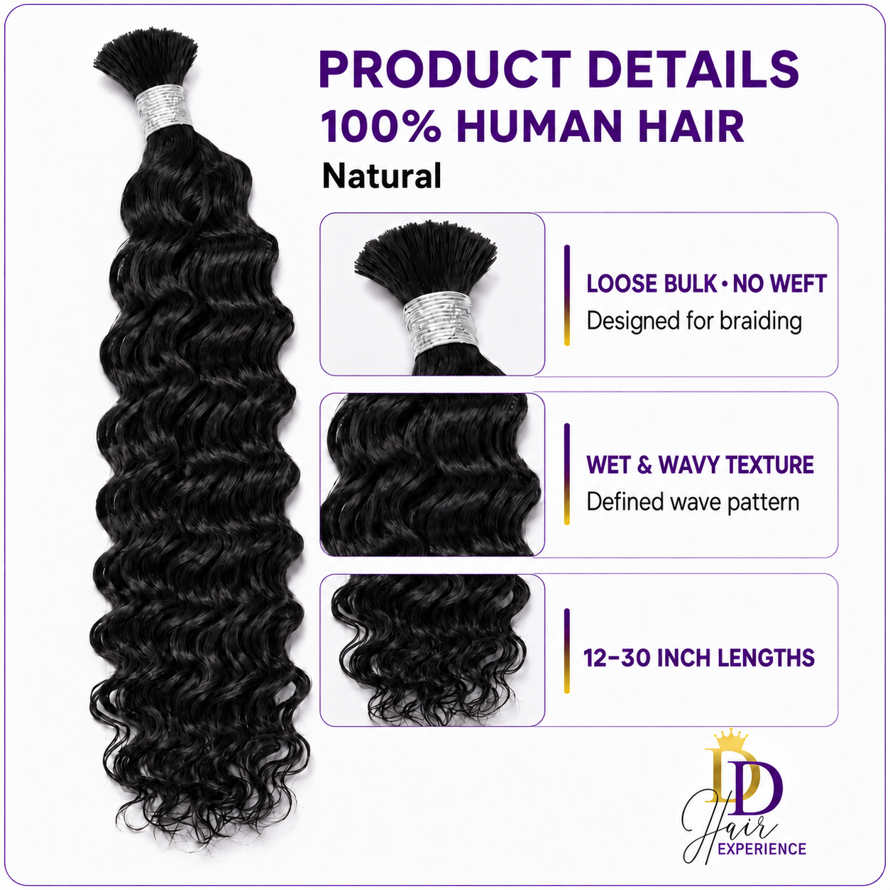 Natural Wet & Wavy loose bulk human hair showing the no-weft top, wave texture and available lengths