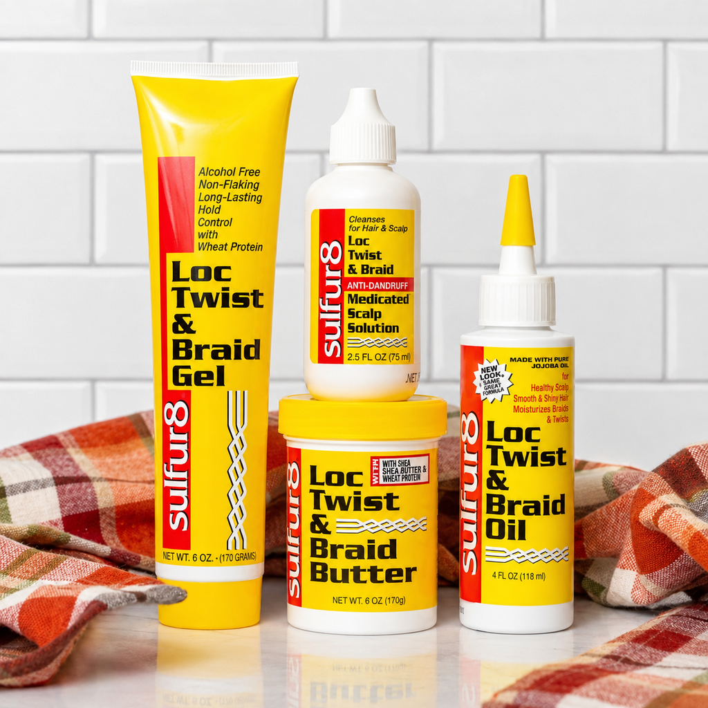 Sulfur8 Loc Twist & Braid hair care collection with gel, medicated scalp solution, braid butter and braid oil