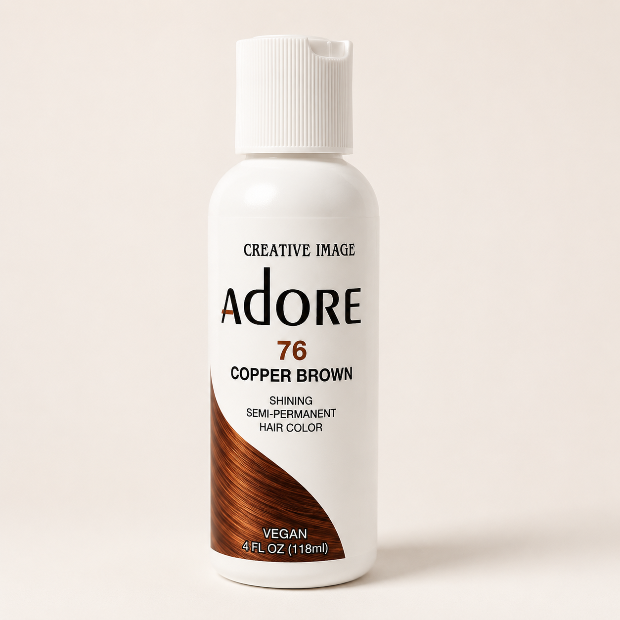 Adore 76 Copper Brown vegan hair dye 4 oz bottle with white flip-top cap