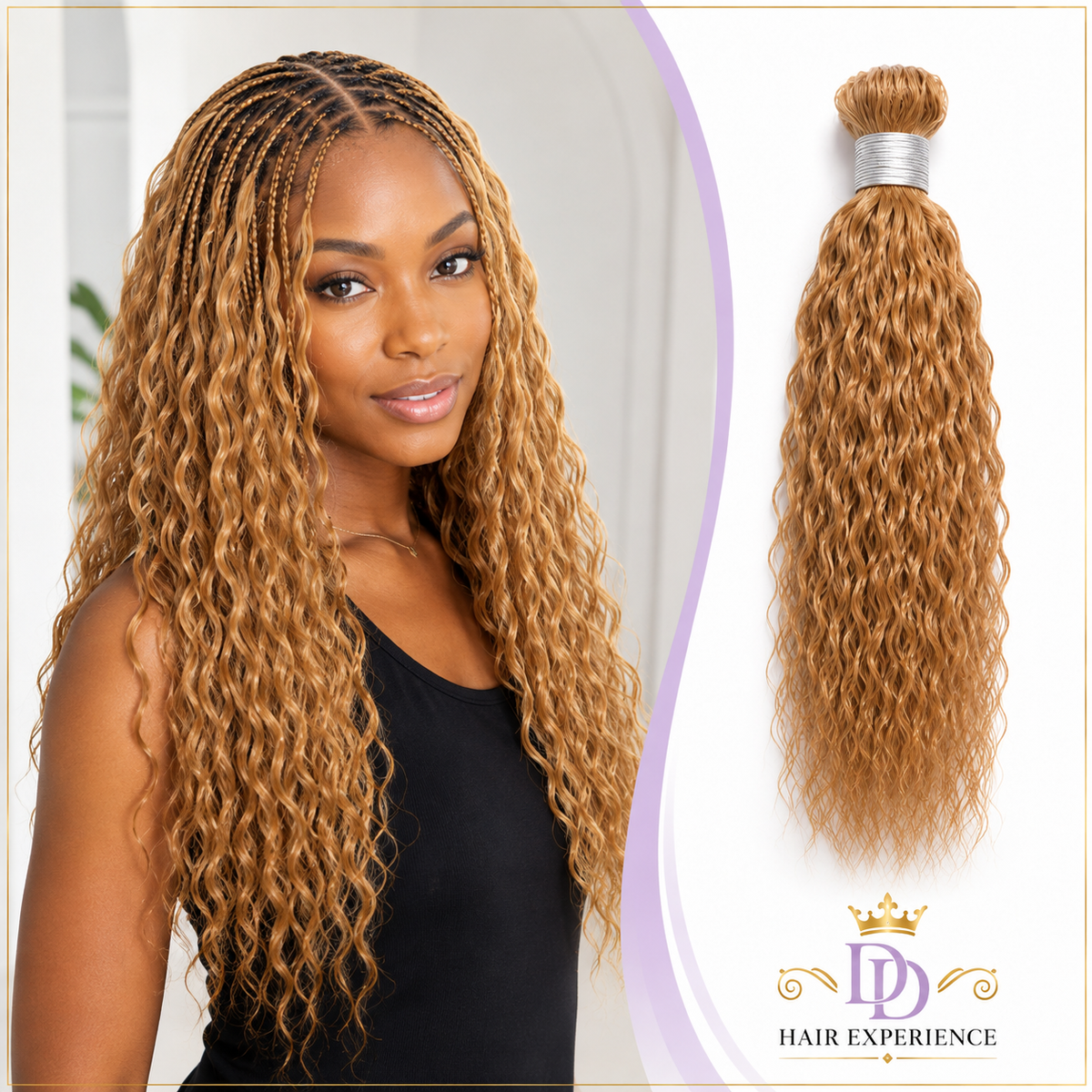 Woman wearing Honey Blonde #27 Wet & Wavy human hair in long boho braids