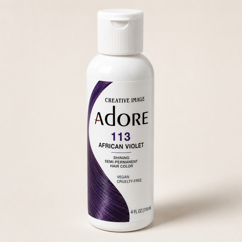 Adore 113 African Violet vegan hair dye 4 oz bottle with white flip-top cap