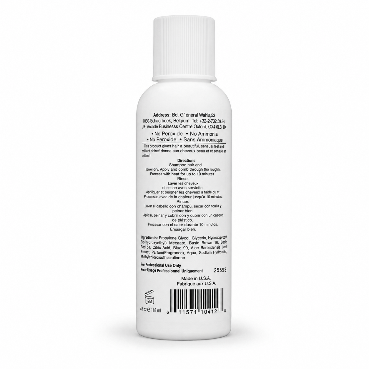 A white plastic bottle of vegan hair dye shown from the back, featuring detailed product information, directions, ingredients, and a barcode on a clean white background.