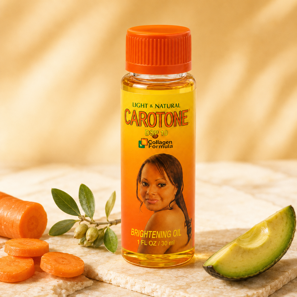 Carotone skin brightening oil displayed with carrot, jojoba and avocado