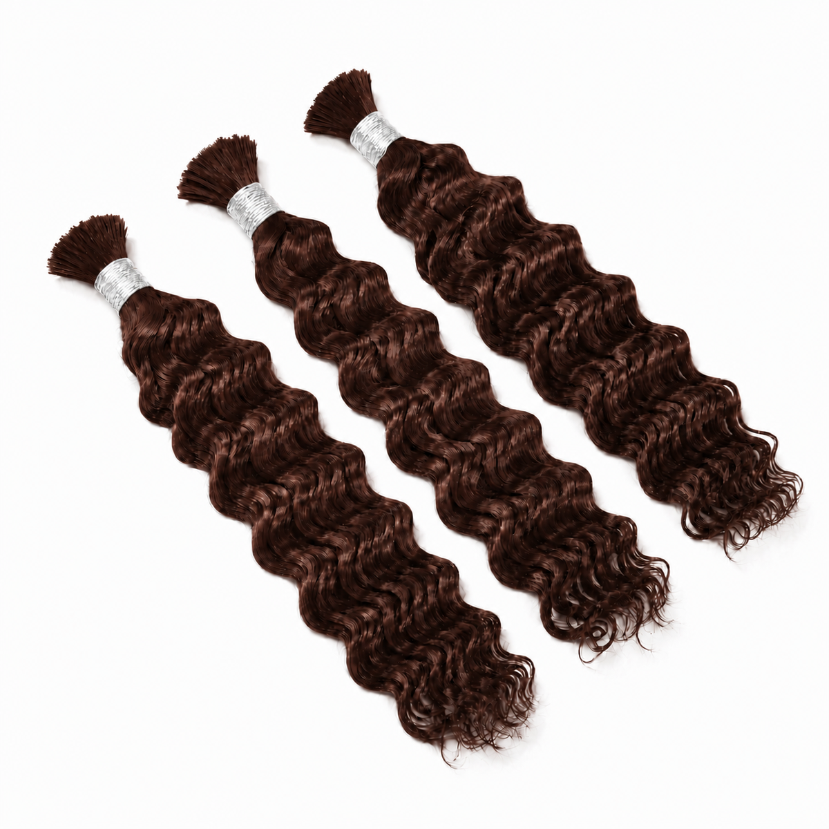 Three Brown #2 Wet & Wavy loose bulk human hair products for braiding on a white background