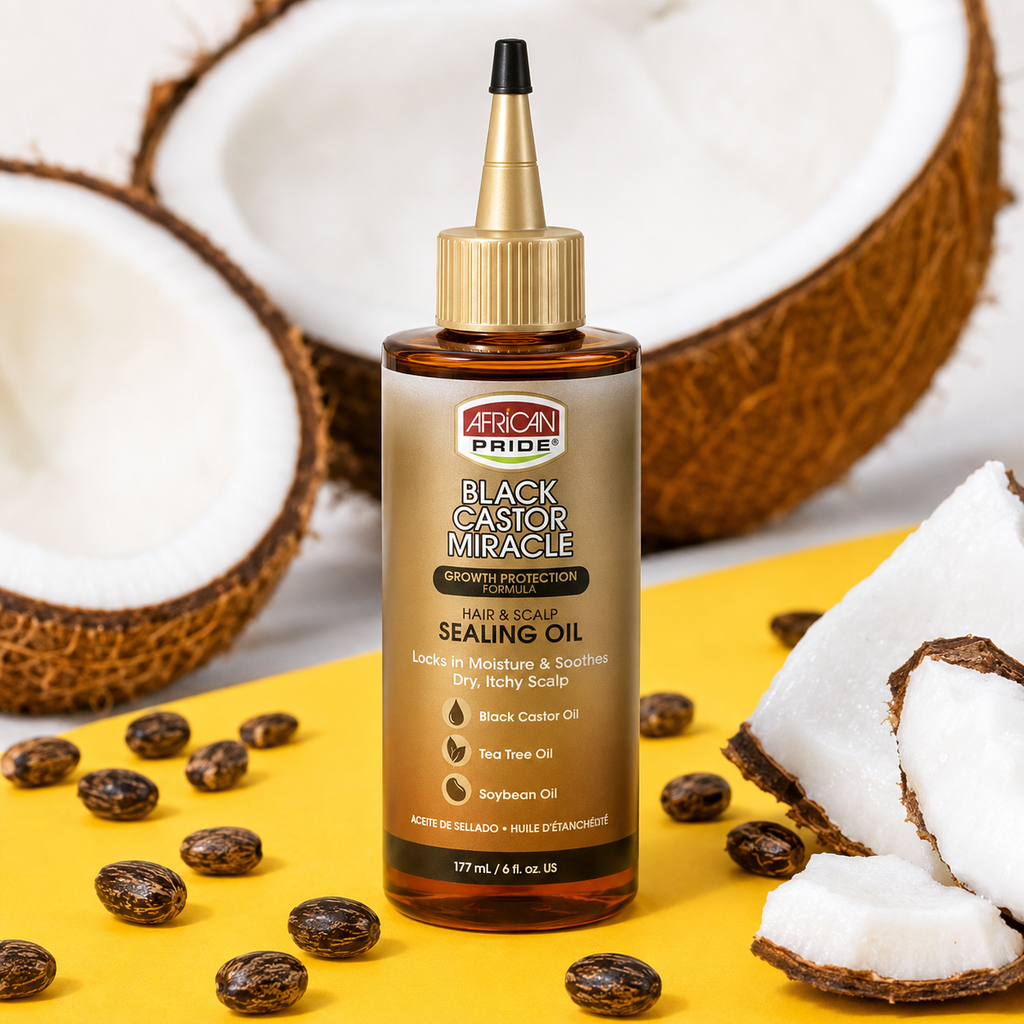 African Pride Black Castor Miracle Hair and Scalp Sealing Oil 6 oz close-up product display with coconut and castor seeds