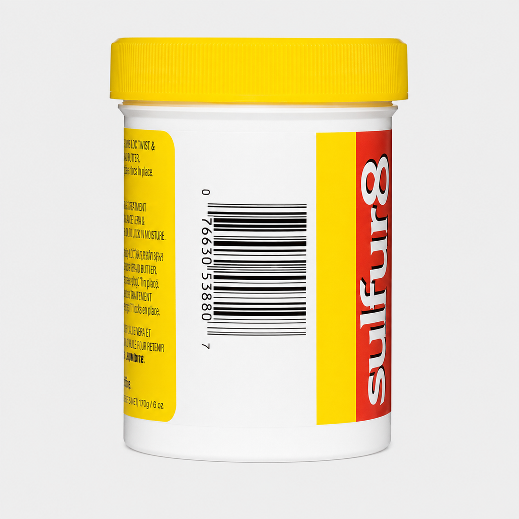 Sulfur8 Loc Twist & Braid Butter side and barcode view with yellow lid on white background