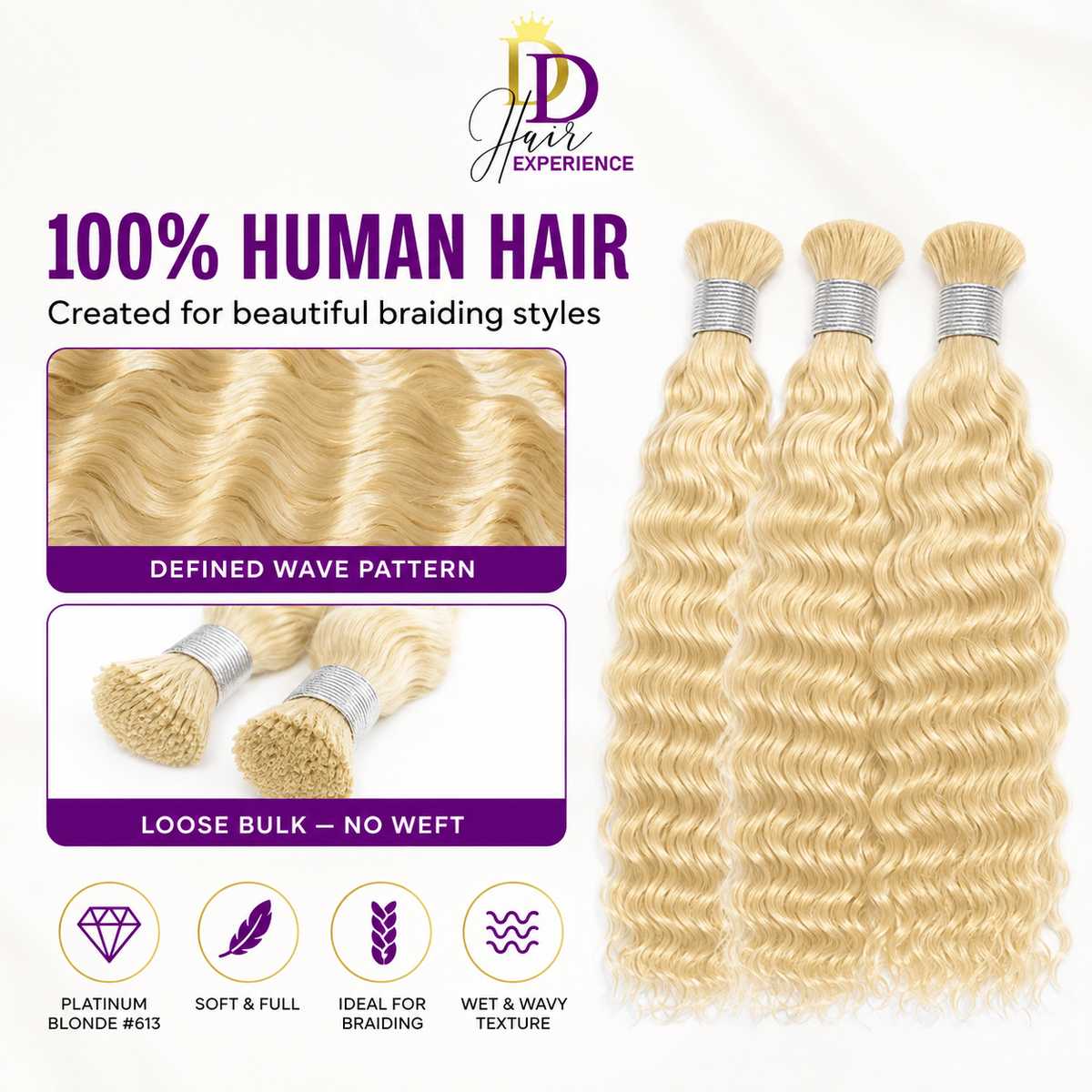 DD Hair Experience #613 Wet & Wavy 100% human hair showing blonde texture and loose bulk construction