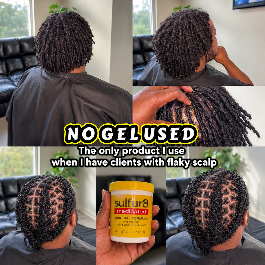 Sulfur8 Loc Twist & Braid Butter used for locs and twists with flaky scalp before-and-after hairstyle results