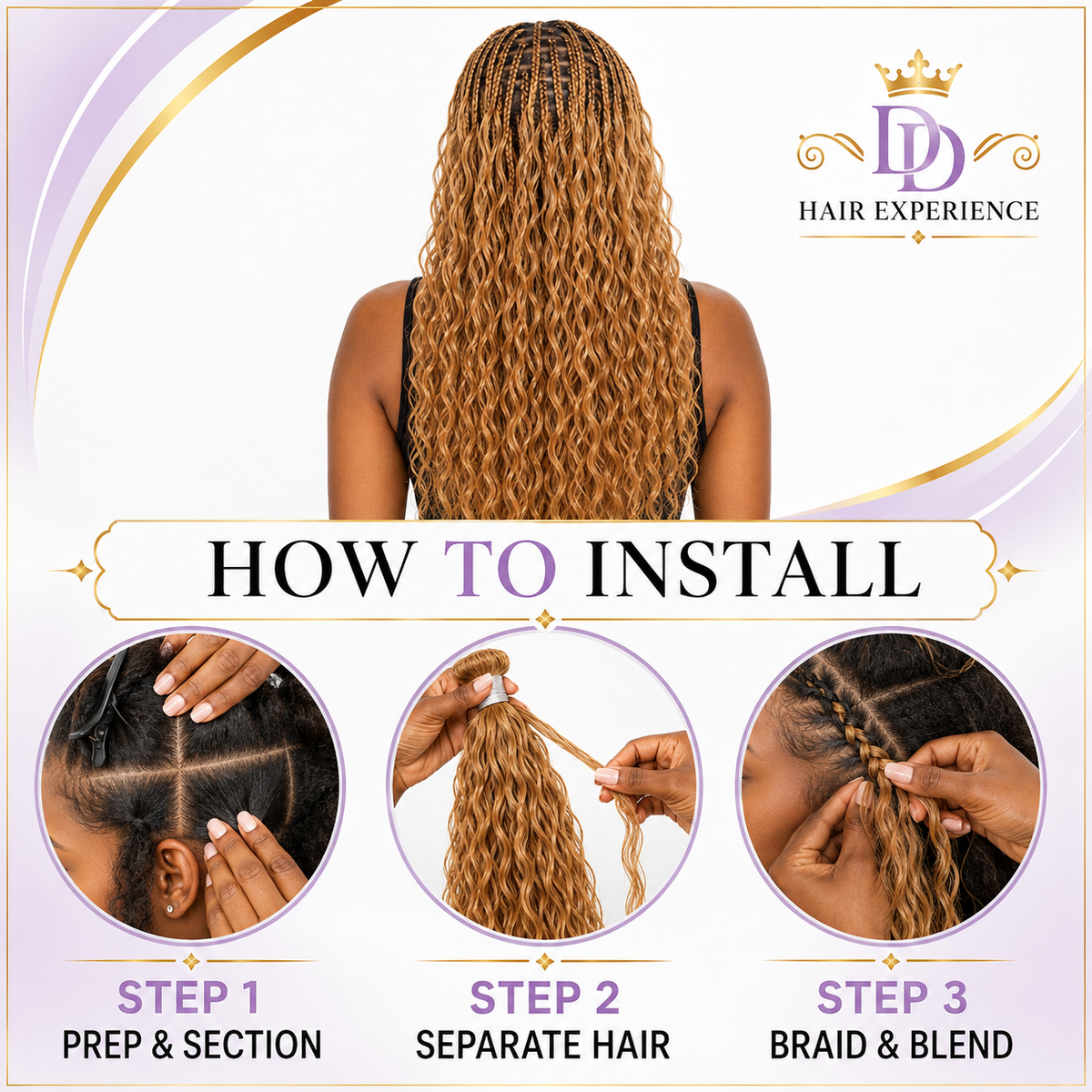How to install Honey Blonde #27 Wet & Wavy bulk human hair for braiding in three steps