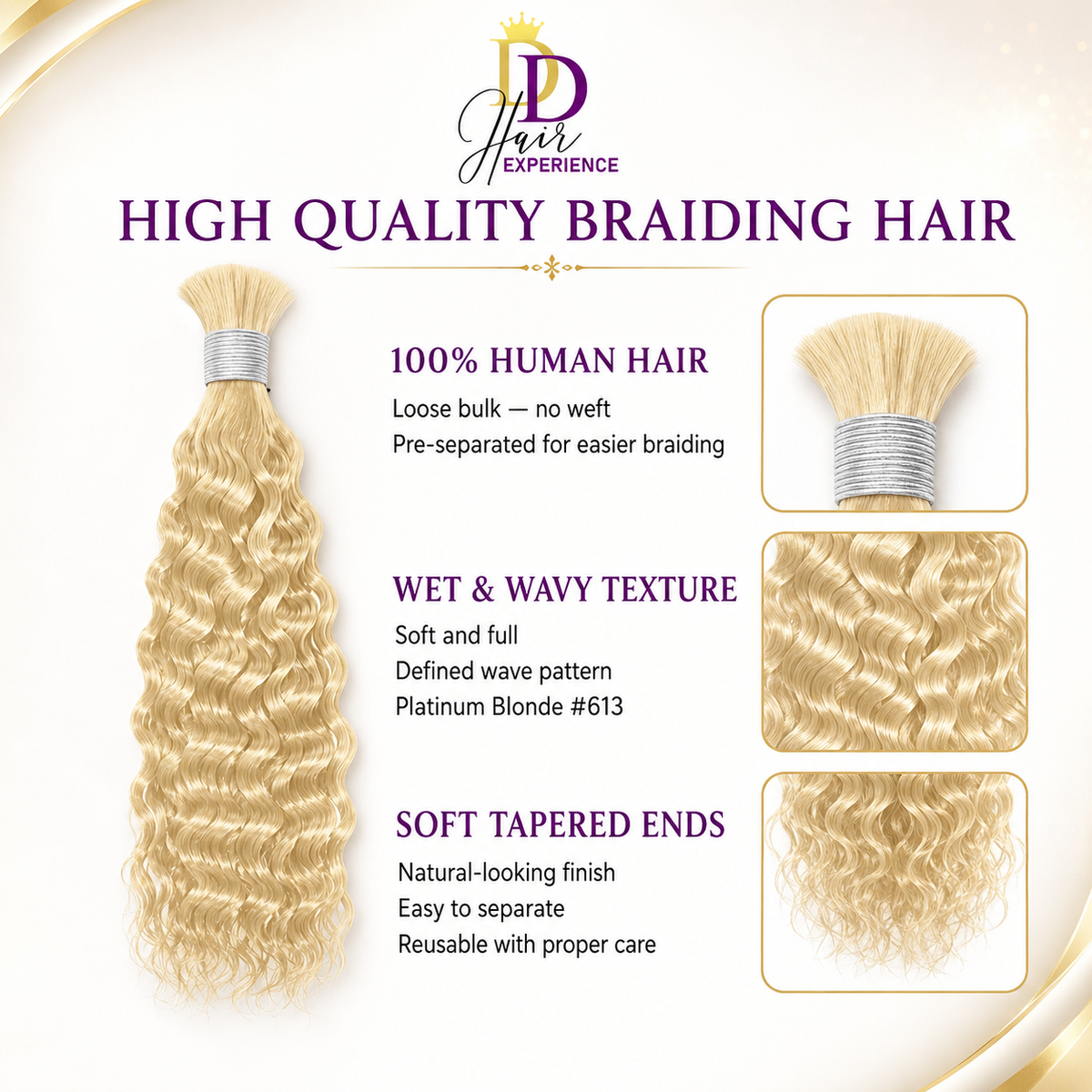 bundle of platinum blonde braiding hair from DD Hair Experience, showing the hair extension, three detail close-ups, and text highlighting 100% human hair, loose bulk, wet and wavy texture, and tapered ends.