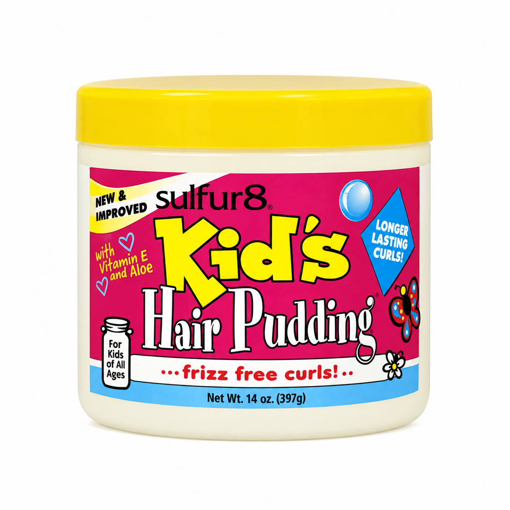 A jar of Sulfur8 Kid's Hair Pudding frizz-free curls, featuring a bright yellow lid and a colorful pink, yellow, and blue label, set against a plain white background.