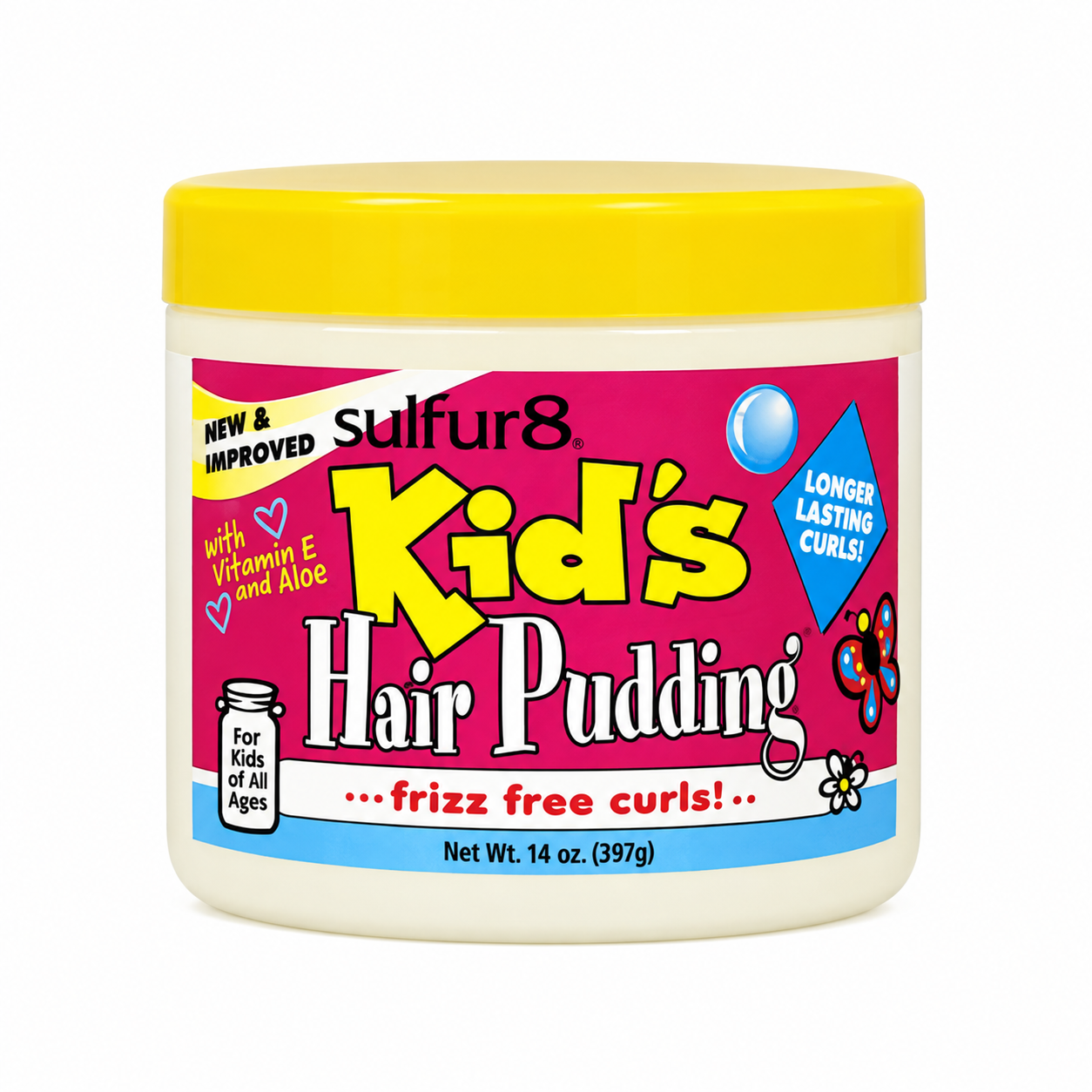 A jar of Sulfur8 Kid's Hair Pudding frizz-free curls, featuring a bright yellow lid and a colorful pink, yellow, and blue label, set against a plain white background.