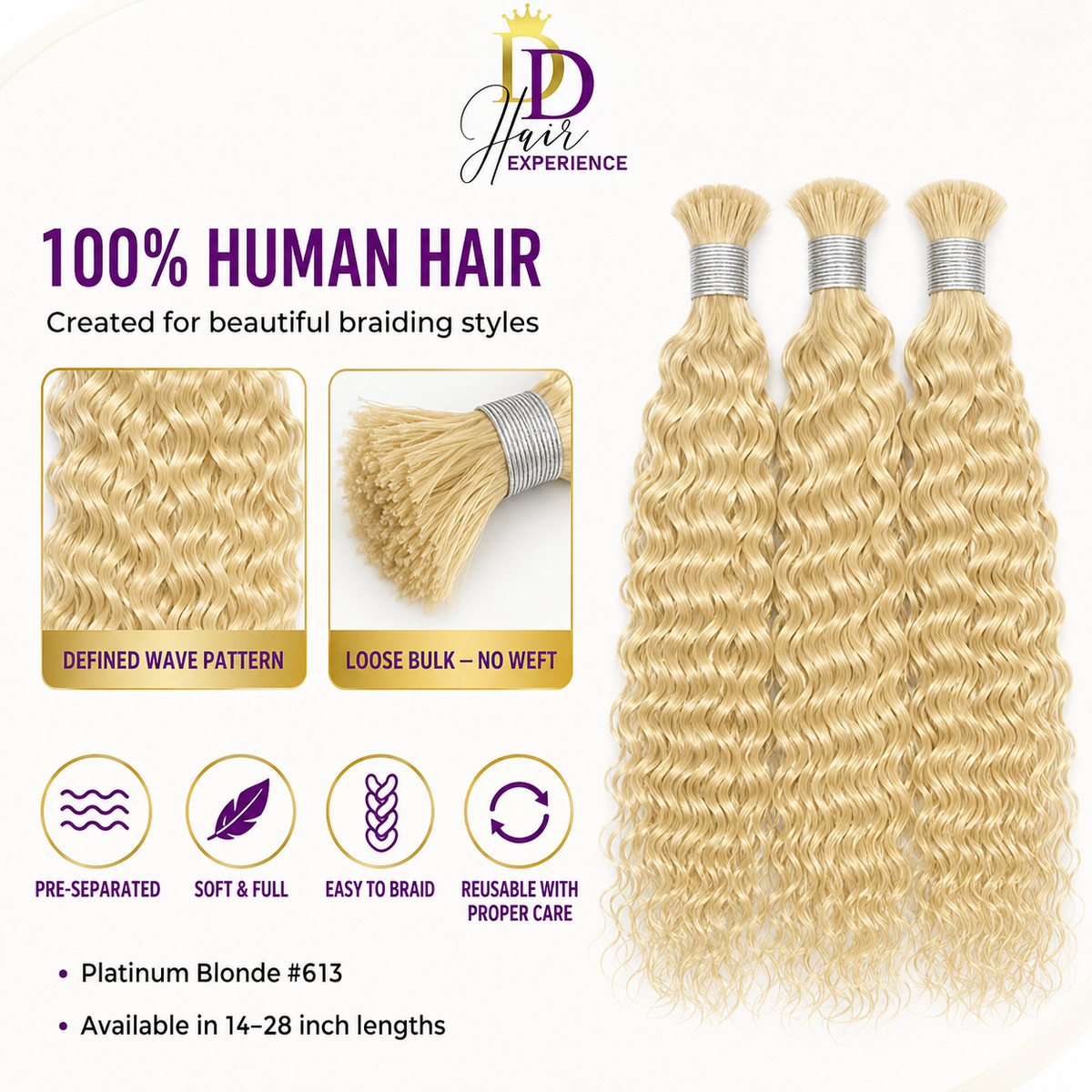 DD Hair Experience platinum blonde #613 Wet & Wavy braiding hair with close-up views of texture and ends