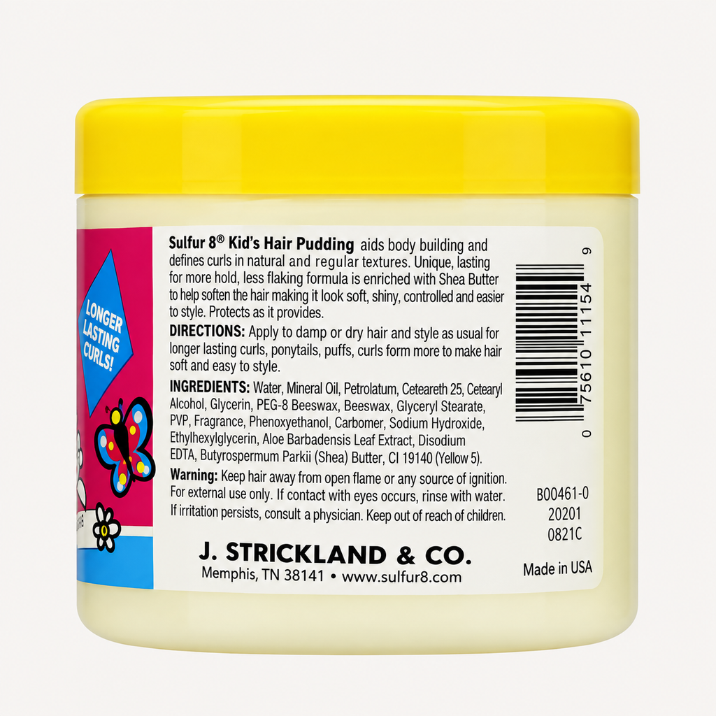 Back view of a jar of Sulfur8 Kid's Hair Pudding by J. Strickland & Co.
