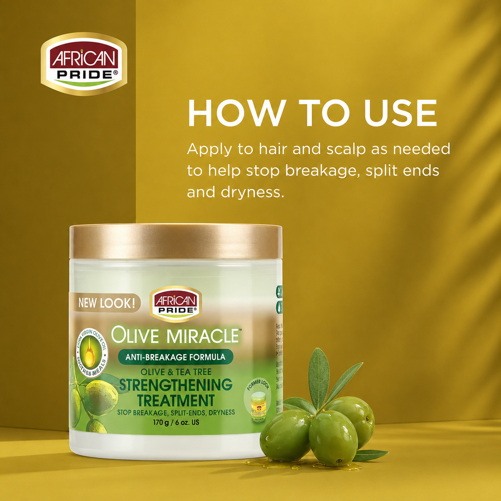 African Pride Olive Miracle Strengthening Treatment how-to-use graphic for breakage split ends and dry hair care
