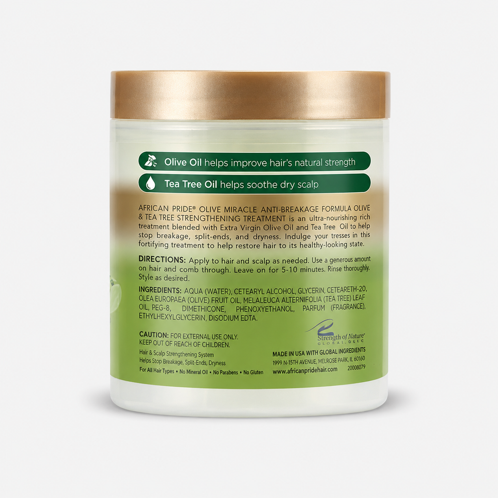 African Pride Olive Miracle Strengthening Treatment 6 oz back label with directions ingredients and olive and tea tree oil benefits