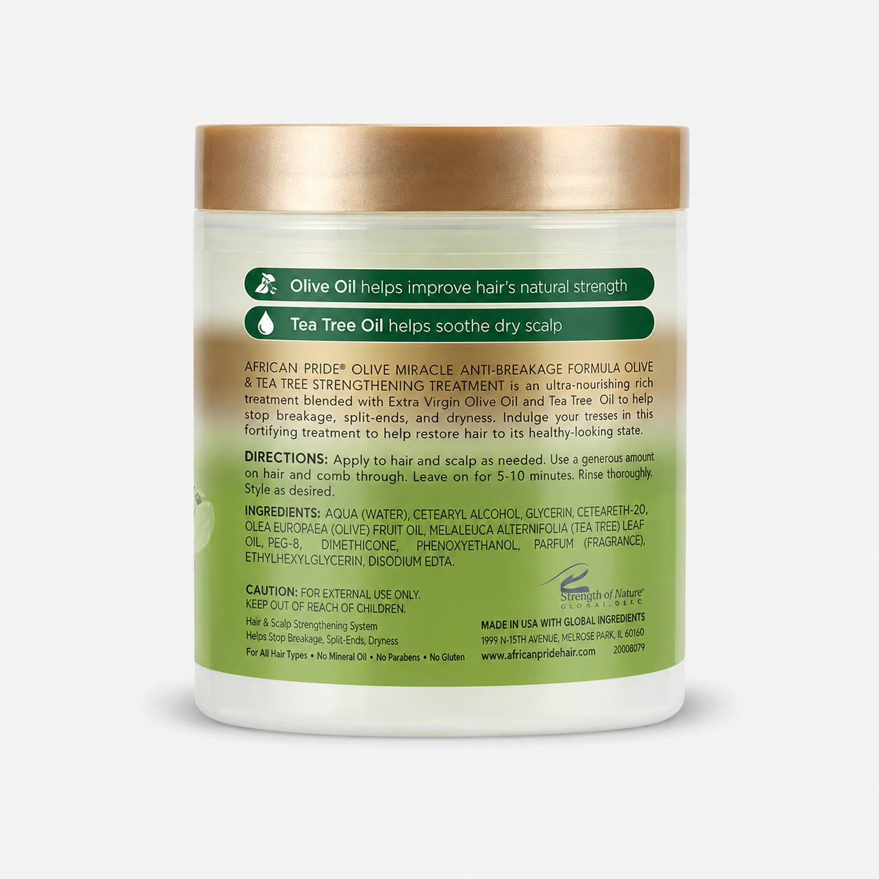 African Pride Olive Miracle Strengthening Treatment 6 oz back label with directions ingredients and olive and tea tree oil benefits
