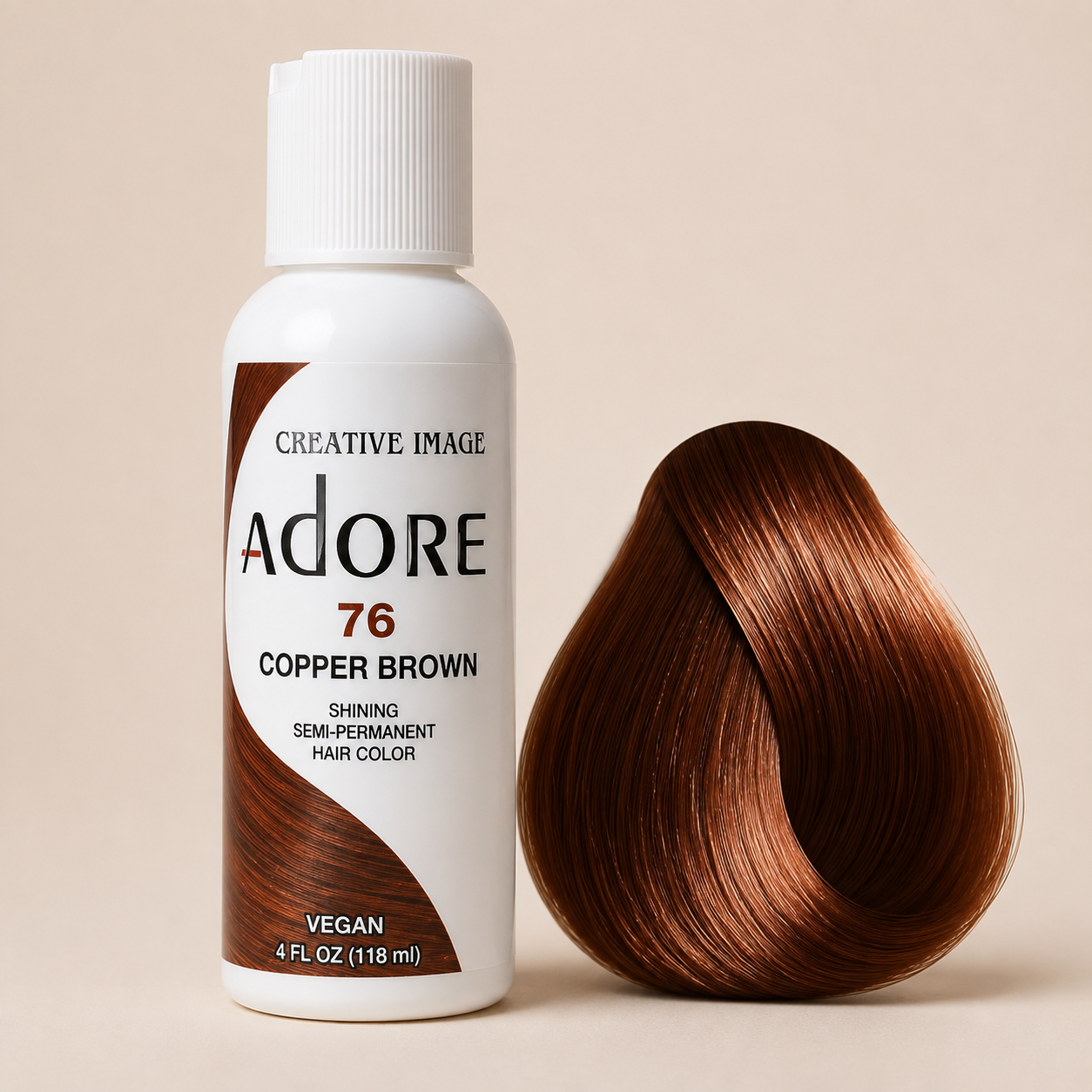 Adore Copper Brown semi-permanent hair dye beside a glossy copper-brown color swatch