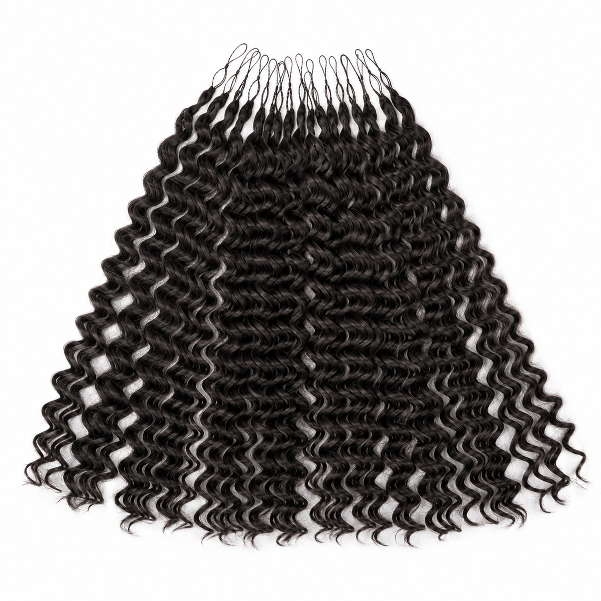 A bundle of deep wave hair extensions with black elastic ties, arranged in a fan shape against a plain white background.
