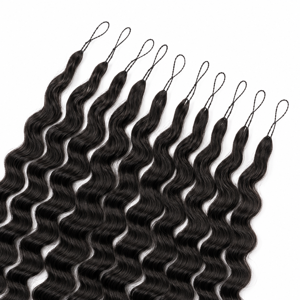 Eight bundles of black wavy hair extensions arranged in parallel rows on a plain white background.