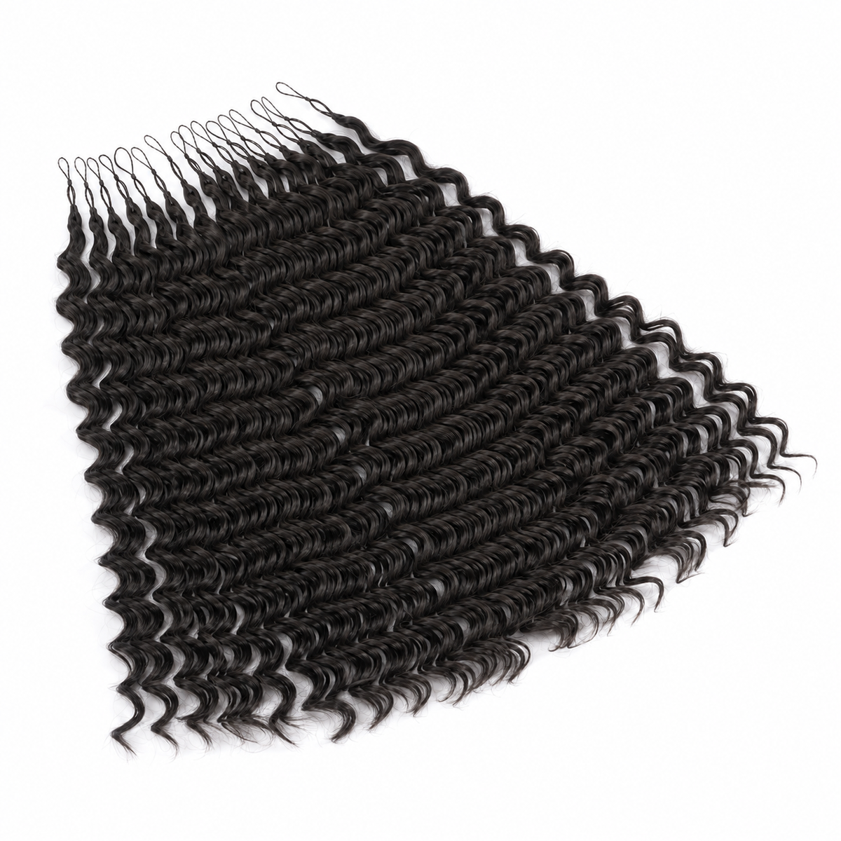 A bundle of dark black deep wave hair extensions with metal attachment hooks, arranged in a fan shape on a plain white background.